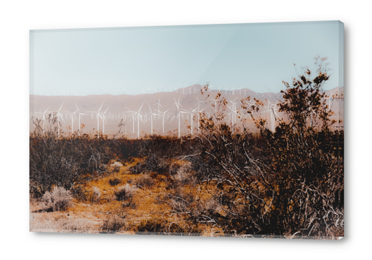 Desert and wind turbine with mountain background at Kern County California USA Acrylic prints by Timmy333