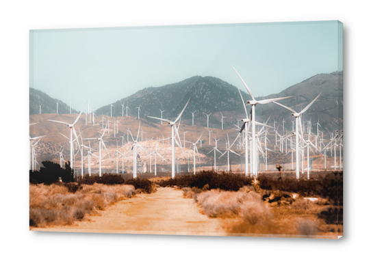 Wind turbine in the desert with mountain background at Kern County California USA Acrylic prints by Timmy333