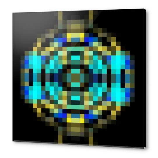 geometric square pixel abstract in blue and yellow with black background Acrylic prints by Timmy333