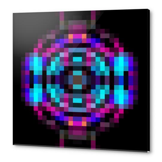 geometric square pixel abstract in orange blue pink with black background Acrylic prints by Timmy333