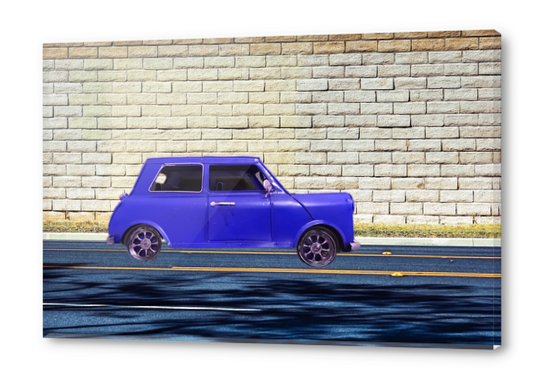 blue classic car on the road with brick wall background Acrylic prints by Timmy333