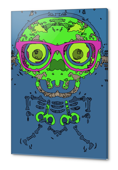 green funny skull art portrait with pink glasses and blue background Acrylic prints by Timmy333