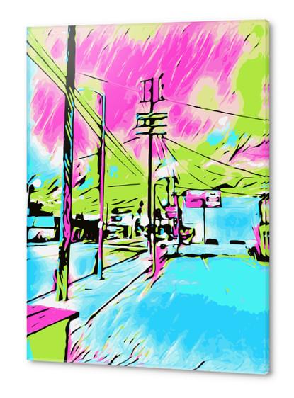 drawing and painting blue city with pink and green sky Acrylic prints by Timmy333