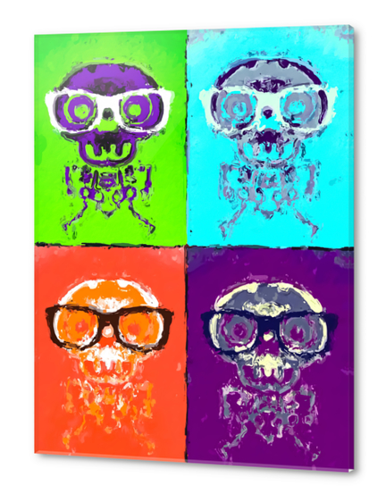 funny skull and bone with glasses with green blue orange and purple background Acrylic prints by Timmy333