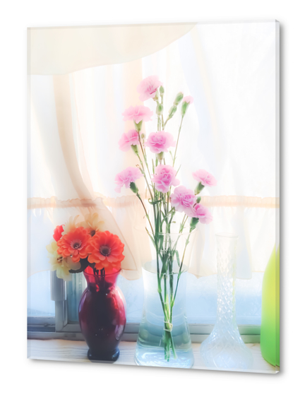 pink flower and orange flower in the vase with curtain background Acrylic prints by Timmy333