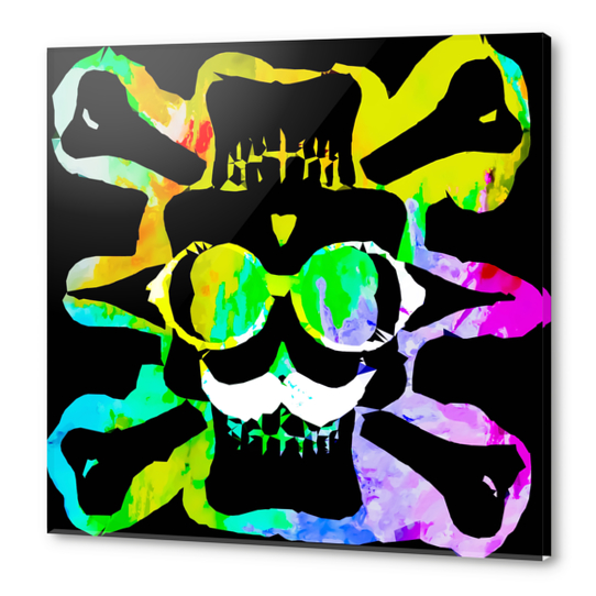 old vintage funny skull art portrait with painting abstract background in green yellow pink blue Acrylic prints by Timmy333