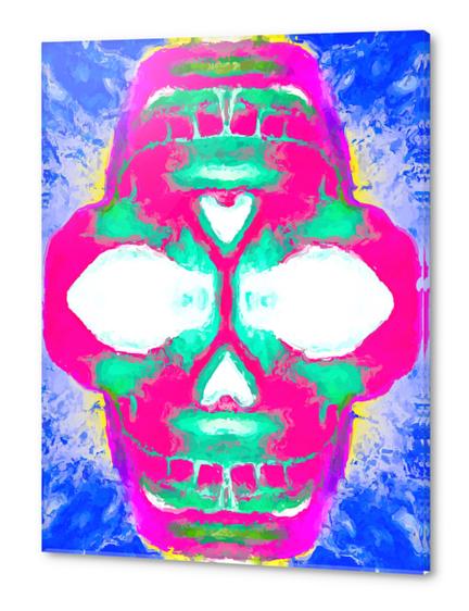 painting pink smiling skull head with blue and yellow background Acrylic prints by Timmy333