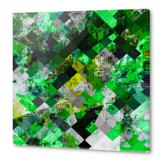 vintage psychedelic geometric square pixel pattern abstract in green and yellow Acrylic prints by Timmy333