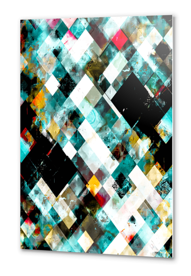 geometric pixel square pattern abstract art in blue brown yellow red Metal prints by Timmy333