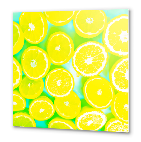 juicy yellow lemon pattern abstract with green background Metal prints by Timmy333