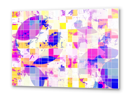 geometric square and circle pattern abstract in pink blue yellow Metal prints by Timmy333