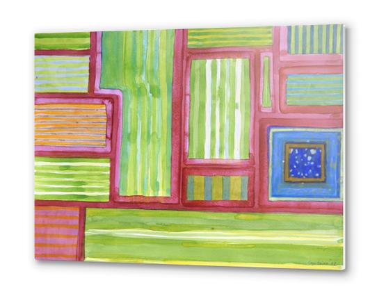 2013. Green Striped Fields with Blue Square  Metal prints by Heidi Capitaine