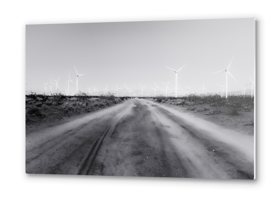 road in the desert with wind turbine in black and white Metal prints by Timmy333