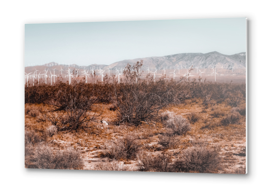 Desert and wind turbine with mountain view at Kern County California USA Metal prints by Timmy333