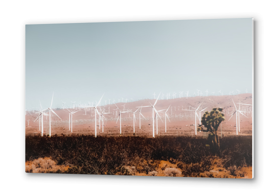 Wind turbine in the desert with blue sky at Kern County California USA Metal prints by Timmy333