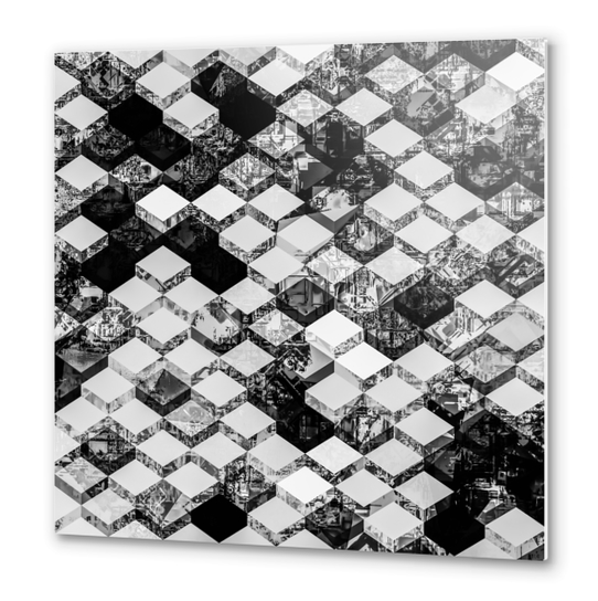 geometric square pixel pattern abstract in black and white Metal prints by Timmy333