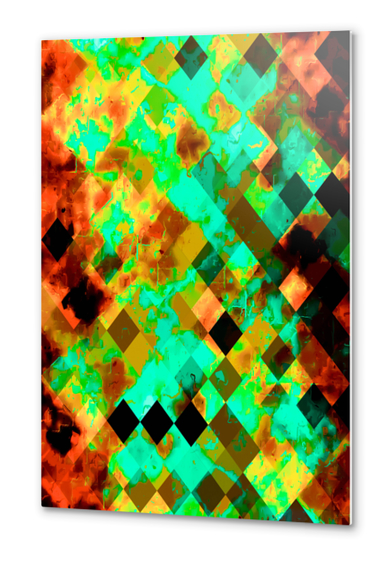 geometric pixel square pattern abstract art in green and brown Metal prints by Timmy333