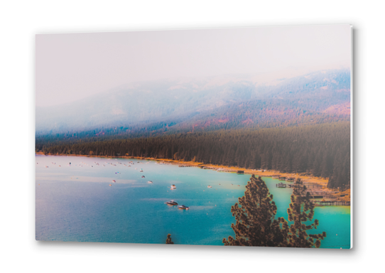 At Lake Tahoe Nevada USA with boat on the water and mountain view Metal prints by Timmy333