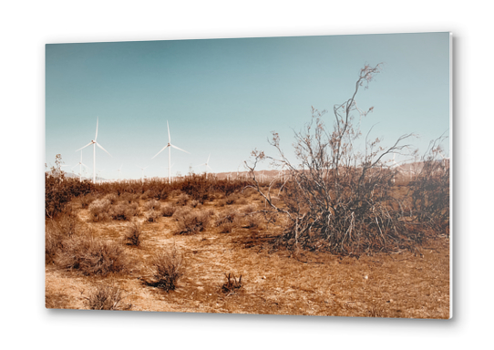 Desert and wind turbine with blue sky at Kern County California USA Metal prints by Timmy333