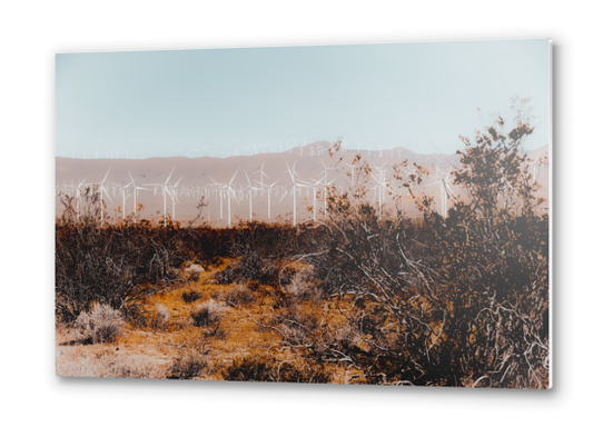 Desert and wind turbine with mountain background at Kern County California USA Metal prints by Timmy333