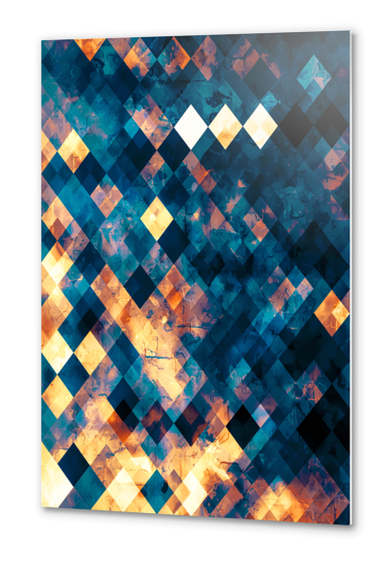 geometric pixel square pattern abstract art in blue brown orange Metal prints by Timmy333