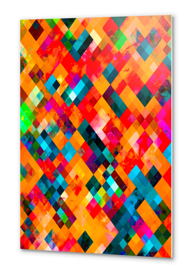 geometric pixel square pattern abstract art in orange pink red blue Metal prints by Timmy333