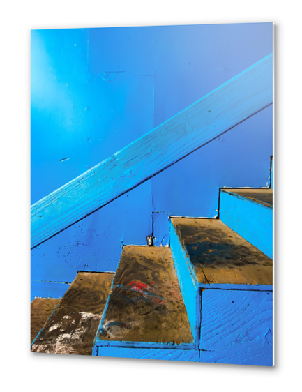 blue and brown old wood stairs with blue wall background Metal prints by Timmy333