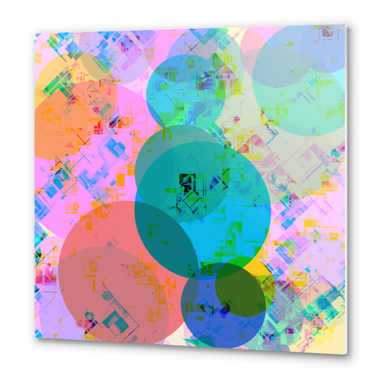 geometric circle pattern abstract in blue pink green yellow Metal prints by Timmy333