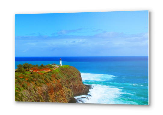 lighthouse on the green mountain with blue ocean and blue sky view at Kauai, Hawaii, USA Metal prints by Timmy333