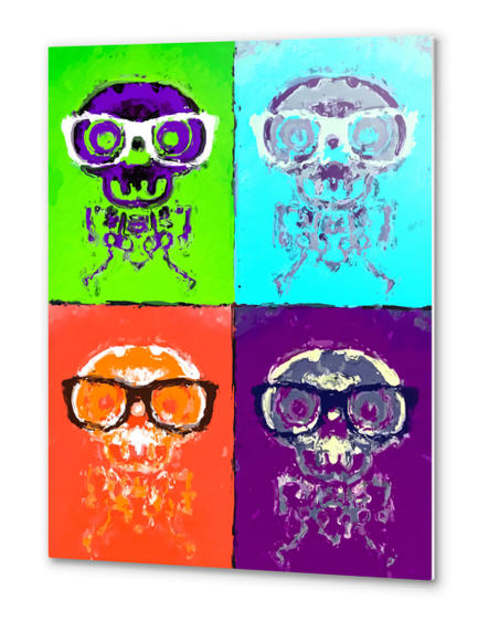 funny skull and bone with glasses with green blue orange and purple background Metal prints by Timmy333