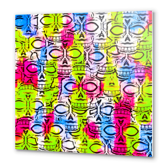 skull art portrait pattern with painting abstract in yellow blue pink Metal prints by Timmy333