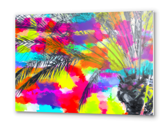 palm tree with splash painting abstract background in red pink yellow blue Metal prints by Timmy333