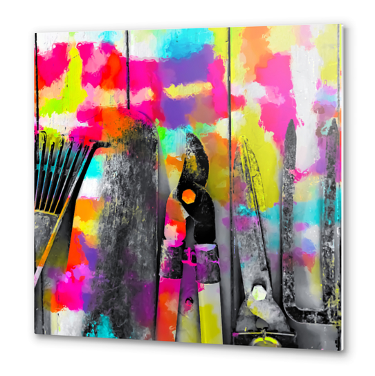 gardening tool with colorful wood painting abstract background in pink yellow blue orange purple Metal prints by Timmy333