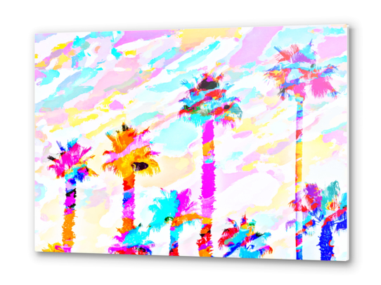 palm tree with colorful painting texture abstract background in pink blue yellow red Metal prints by Timmy333