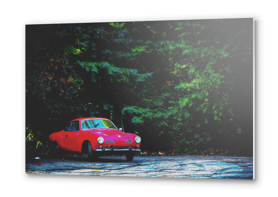 red classic car in the forest with green tree background Metal prints by Timmy333