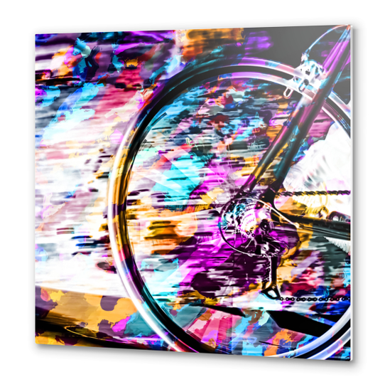 bicycle wheel with colorful abstract background in pink blue orange Metal prints by Timmy333