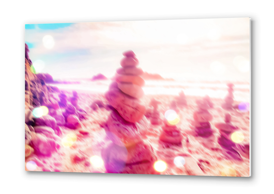 stone balancing at the sandy beach with summer bokeh light Metal prints by Timmy333