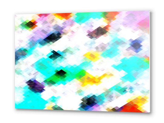 psychedelic geometric pixel abstract pattern in blue green yellow pink Metal prints by Timmy333