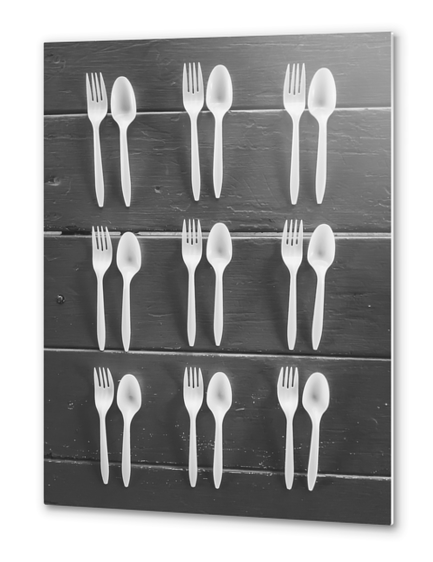 forks and spoons with wood background in black and white Metal prints by Timmy333