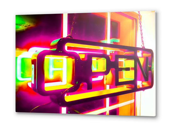 night light with open neon sign in pink yellow green background Metal prints by Timmy333