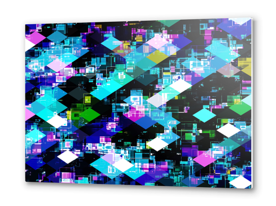 psychedelic geometric square pixel pattern abstract in blue yellow pink Metal prints by Timmy333