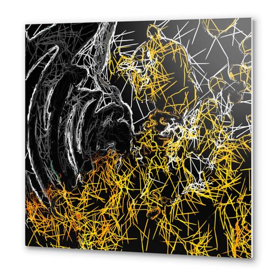 psychedelic sketching line pattern abstract in yellow black and white Metal prints by Timmy333