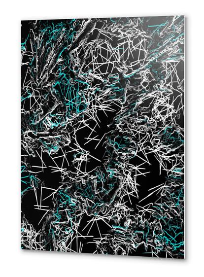 psychedelic geometric drawing abstract in blue black and white Metal prints by Timmy333