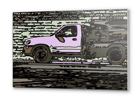 pink car on the road with brick wall background Metal prints by Timmy333