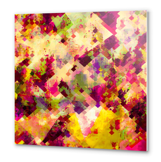 geometric square pixel pattern abstract in pink yellow purple Metal prints by Timmy333