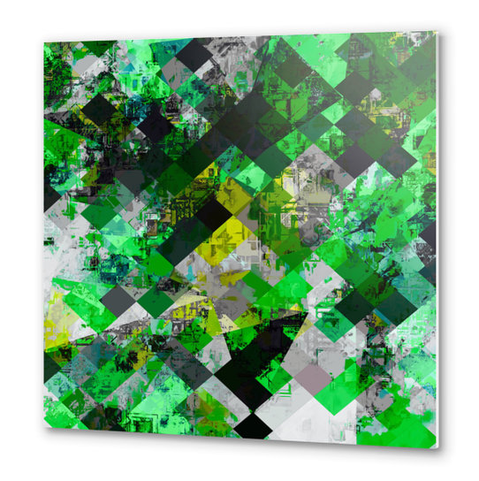 vintage psychedelic geometric square pixel pattern abstract in green and yellow Metal prints by Timmy333