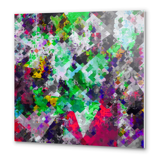 vintage psychedelic geometric square pixel pattern abstract in green red purple yellow Metal prints by Timmy333