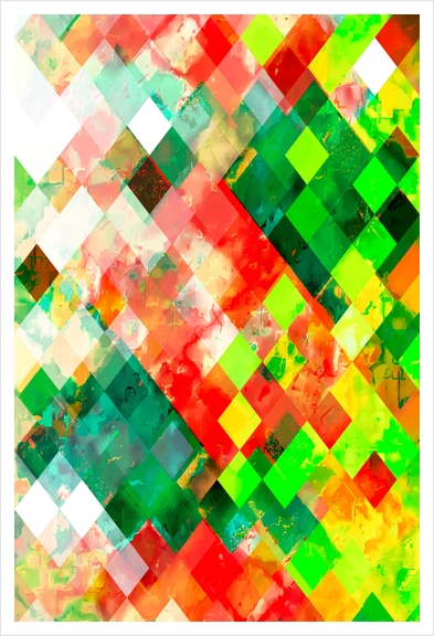 geometric square pixel pattern abstract background in green red yellow Art Print by Timmy333