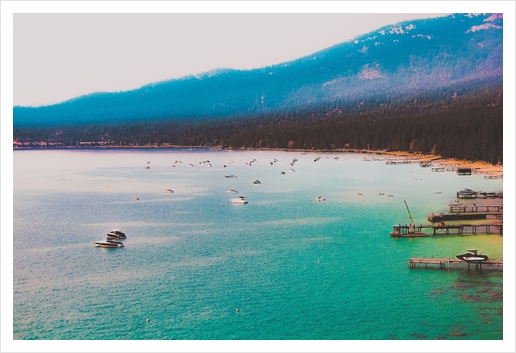 Boat on the water and mountain background at Lake Tahoe Nevada USA Art Print by Timmy333