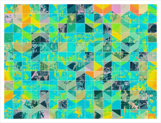 geometric square pixel pattern abstract background in green blue yellow Art Print by Timmy333